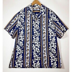 Evergreen Island Shirt Mens 2XL Blue White Floral Hawaiian Aloha Made Hawaii‎